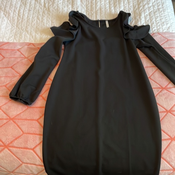 PinkBlush Black Ruffle Trim Puff Sleeve Maternity Dress - Picture 3 of 3